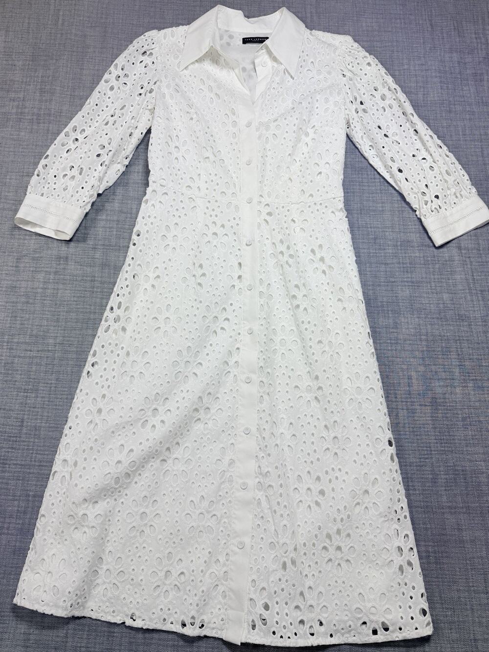 Tara Jarmon Paris White Cotton Eyelet Line Shirt Dress French Chic Prairie Sz 6